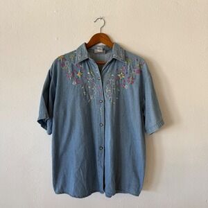 Vintage Embroidered Chambray Shirt Beaded Short Sleeve Women Medium Four Seasons